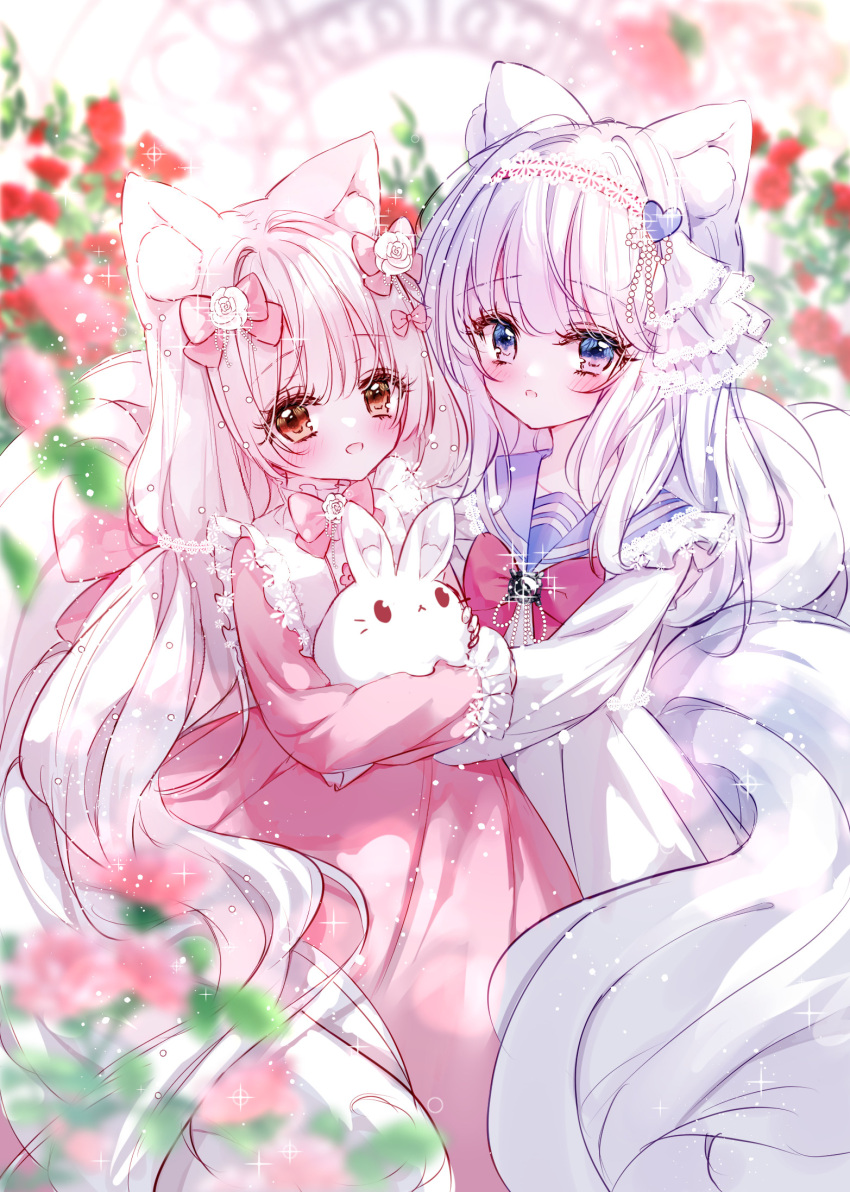 2girls :d animal animal_ear_fluff animal_ears blue_eyes blue_sailor_collar blurry blurry_background blurry_foreground blush bow brown_eyes commentary_request depth_of_field dress flower grey_hair hair_between_eyes hair_bow hair_ornament heart heart_hair_ornament highres long_hair long_sleeves multiple_girls original pink_bow pink_dress pink_flower puffy_long_sleeves puffy_sleeves rabbit red_flower rose sailor_collar smile tandohark very_long_hair white_dress white_flower white_rose