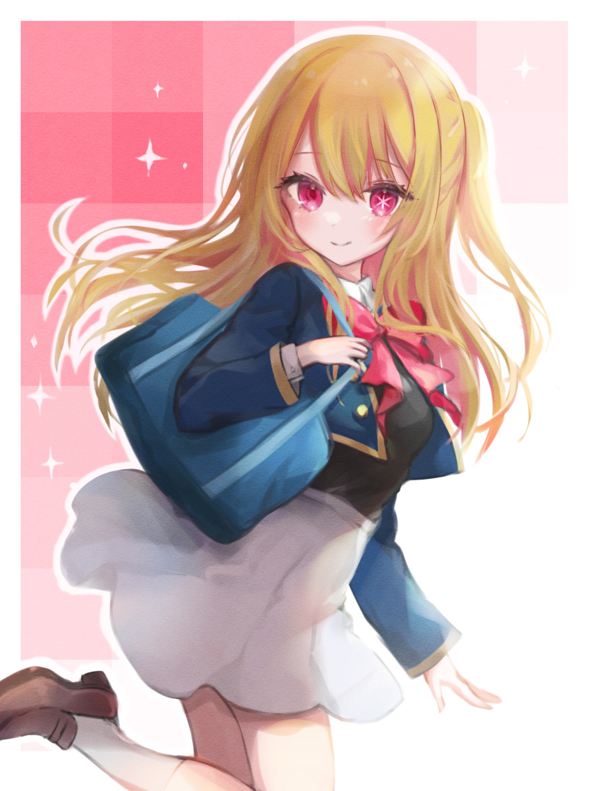1girl 27vel bag black_vest blonde_hair blue_jacket blush border bow bowtie brown_footwear closed_mouth collared_shirt commentary cropped_jacket grey_skirt highres hoshino_ruby jacket long_hair long_sleeves mismatched_pupils one_side_up oshi_no_ko outline pink_bow pink_bowtie pink_eyes school_bag school_uniform shirt shoulder_bag sidelocks skirt socks solo sparkle star-shaped_pupils star_(symbol) swept_bangs symbol-shaped_pupils vest white_border white_outline white_shirt white_socks youtou_high_school_uniform