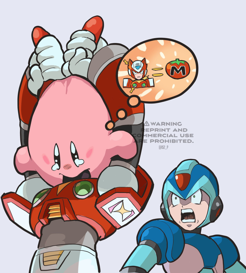 ._. 3boys commentary_request crossover eating green_eyes helmet highres kirby kirby_(series) male_focus maxim_tomato mega_man_(series) mega_man_x_(character) mega_man_x_(series) multiple_boys surprised tanaka_(is2_p) tearing_up thought_bubble tomato zero_(mega_man)