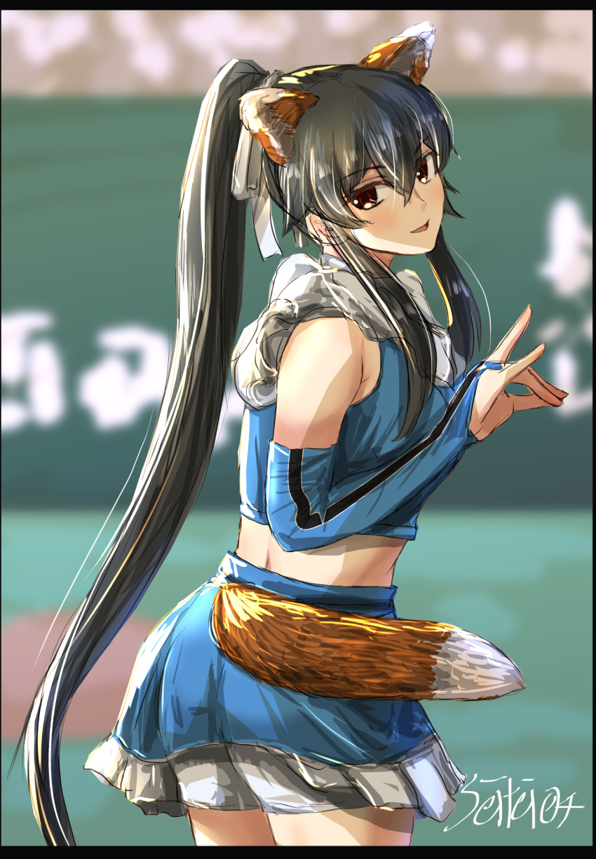 absurdly_long_hair alternate_costume animal_ears black_hair detached_sleeves fox_ears fox_tail hand_gesture highres kantai_collection long_hair looking_back midriff_peek orange_eyes seitei_(04seitei) simple_background skirt tail very_long_hair yahagi_(kancolle)