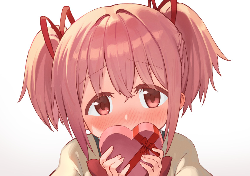 1girl blush bow bowtie cocoa_(ultra_mdk) commentary covering_mouth facing_viewer gift hair_ribbon highres holding holding_gift juliet_sleeves kaname_madoka long_sleeves mahou_shoujo_madoka_magica mitakihara_school_uniform nose_blush pink_hair portrait puffy_sleeves red_bow red_bowtie red_eyes red_ribbon ribbon school_uniform short_hair short_twintails simple_background solo twintails valentine white_background