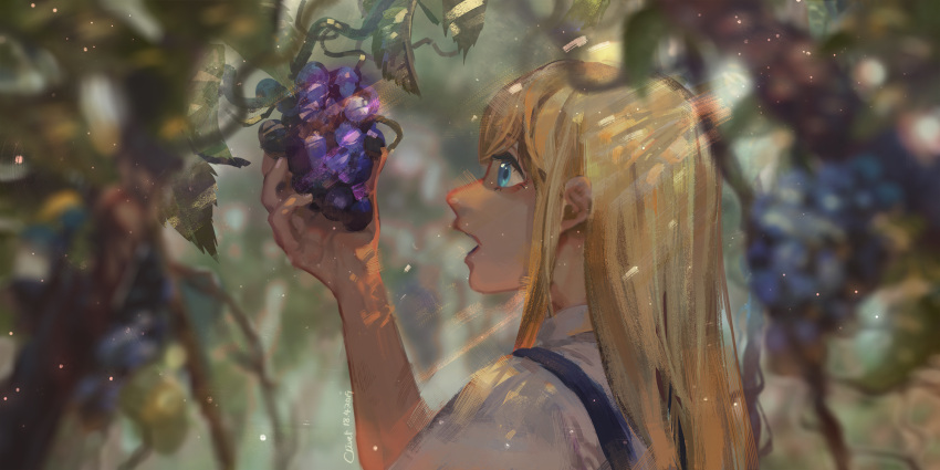 1girl blonde_hair blue_eyes blue_overalls blurry bokujou_monogatari bokujou_monogatari:_mineral_town_no_nakama_tachi christon-clivef claire_(bokujou_monogatari) commentary dated depth_of_field english_commentary food from_side fruit grapes highres lens_flare open_mouth overalls profile shirt signature solo tree tree_shade upper_body white_shirt