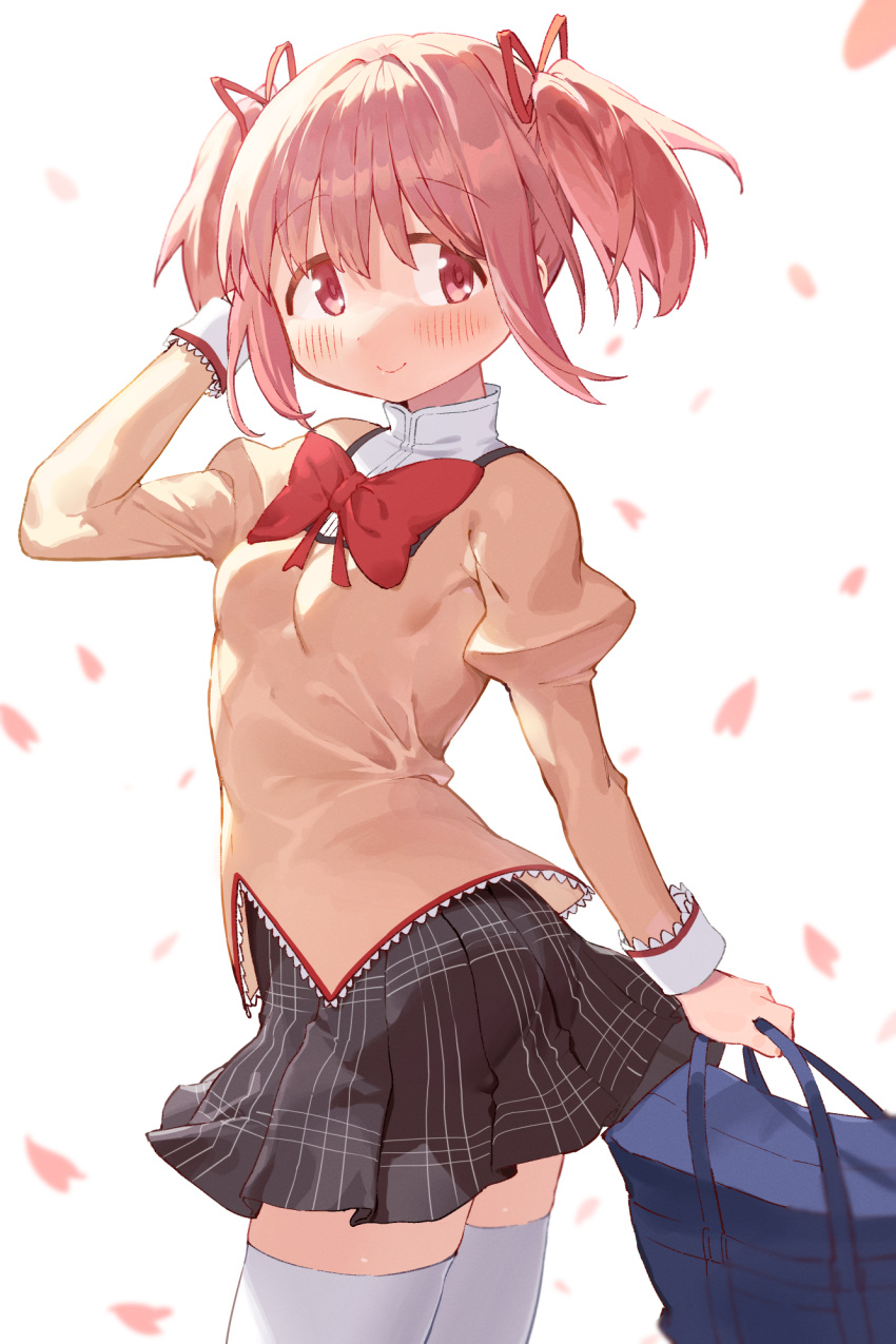 1girl bag black_skirt blush bow bowtie closed_mouth cocoa_(ultra_mdk) commentary cowboy_shot falling_petals hand_on_own_head hand_up high_collar highres holding holding_bag juliet_sleeves kaname_madoka long_sleeves looking_at_viewer mahou_shoujo_madoka_magica mitakihara_school_uniform petals pink_hair plaid plaid_skirt pleated_skirt portrait puffy_sleeves red_bow red_bowtie red_eyes school_bag school_uniform short_hair short_twintails simple_background skirt smile solo thigh-highs twintails white_background white_thighhighs zettai_ryouiki
