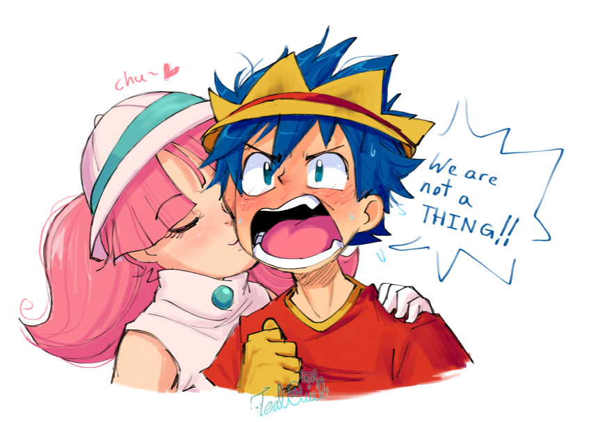 1boy 1girl artist_name asymmetrical_gloves blue_eyes blue_hair blush closed_eyes english_text fossil_fighters gloves hat heart highres hunter_(fossil_fighters) kiss kissing_cheek medium_hair open_mouth pink_hair portrait red_shirt rosie_(fossil_fighters) shirt short_hair signature simple_background sleeveless sound_effects speech_bubble teeth tytofi watermark white_background white_gloves white_shirt yellow_gloves