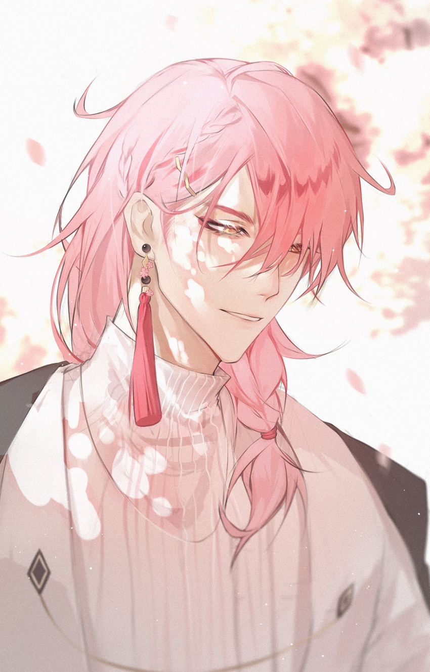 1boy alternate_hair_color alternate_hairstyle braid cherry_blossoms commentary earrings english_commentary eyelashes falling_petals hair_behind_ear hair_between_eyes hair_ornament hair_over_shoulder hair_tie hairclip highres jacket jewelry light_purple_hair long_hair low-tied_long_hair male_focus nijisanji nijisanji_en open_clothes open_jacket parted_bangs parted_lips petals pink_hair ribbed_sweater simple_background single_earring solo sweater tassel tassel_earrings turtleneck turtleneck_sweater upper_body virtual_youtuber vox_akuma white_background white_jacket white_sweater yellow_eyes yugi-ayugi