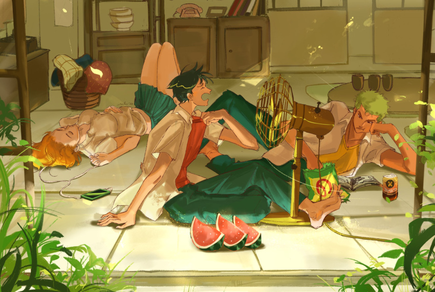 1girl 2boys avenoirn barefoot black_hair blue_pants blue_skirt book breasts cable cellphone closed_eyes closed_mouth collar_tug collared_shirt commentary earphones eating electric_fan english_commentary food fruit full_body green_hair highres knees_up listening_to_music lying medium_breasts monkey_d._luffy multiple_boys nami_(one_piece) on_back on_side one_piece open_clothes open_mouth open_shirt orange_hair pants phone plant pleated_skirt reading red_shirt roronoa_zoro shirt short_hair short_sleeves sitting skirt summer watermelon watermelon_slice white_shirt yellow_shirt