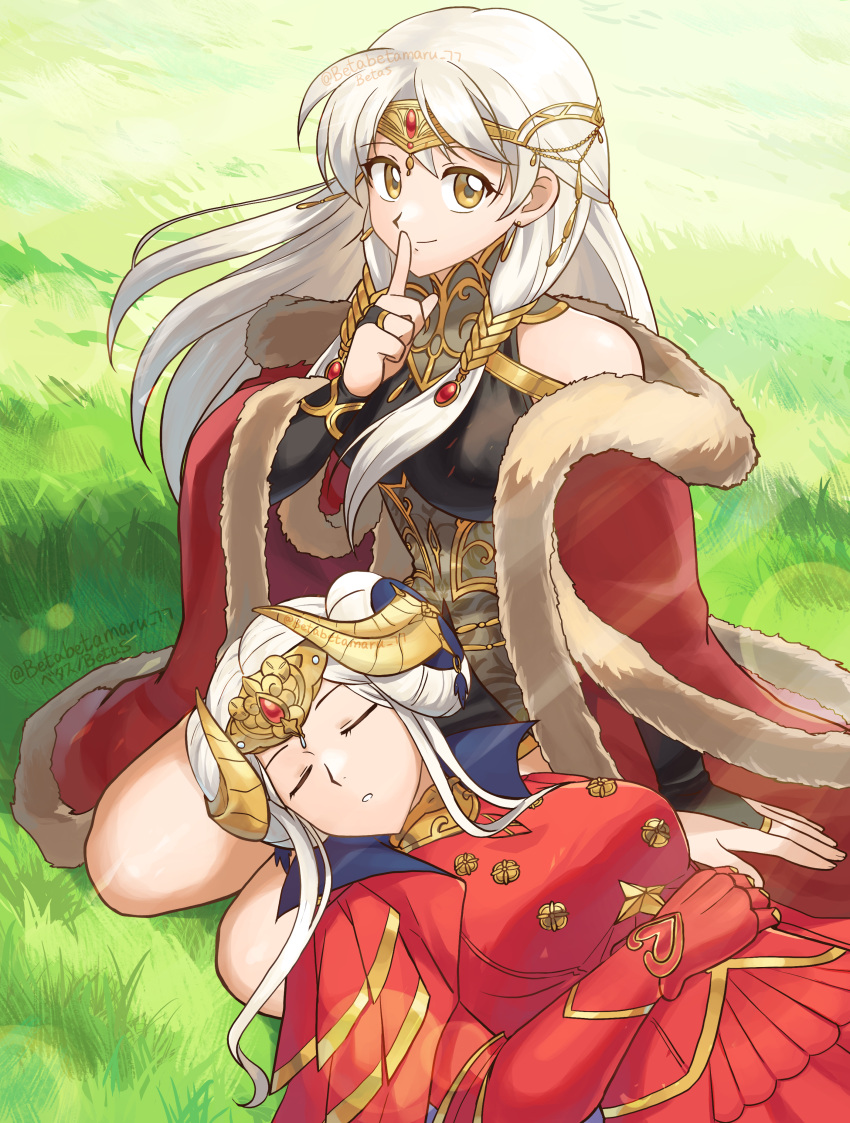 2girls absurdres bare_shoulders betabetamaru black_dress bridal_gauntlets cape circlet closed_eyes closed_mouth commission dress edelgard_von_hresvelg fake_horns finger_to_mouth fire_emblem fire_emblem:_radiant_dawn fire_emblem:_three_houses gloves grass grey_hair half_updo highres horns jewelry long_hair long_sleeves looking_at_viewer micaiah_(fire_emblem) multiple_girls red_cape red_dress seiza sitting skeb_commission sleeping sleeping_on_person smile sunlight twitter_username white_hair yellow_eyes