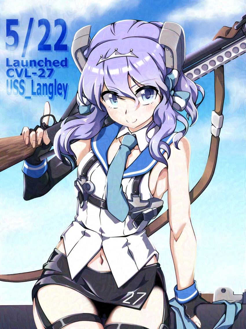 1girl 547th_sy black_gloves black_skirt blue_eyes blue_sky clouds commentary_request cowboy_shot fingerless_gloves garter_straps gloves gun hair_ornament hair_ribbon highres kantai_collection langley_(kancolle) looking_at_viewer medium_hair pencil_skirt pump_action purple_hair ribbon shirt shotgun side_slit skirt sky sleeveless sleeveless_shirt smile solo weapon white_shirt winchester_model_1897
