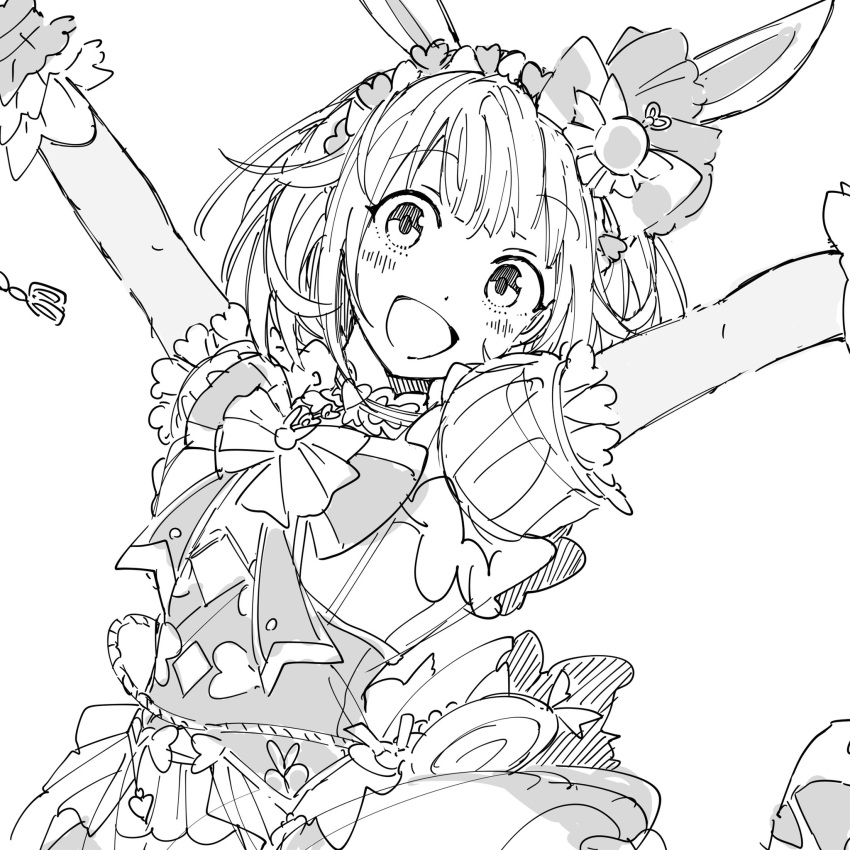 1girl :d animal_ears arms_up blush bow bowtie choker dress frilled_choker frills greyscale hair_bow hair_flaps highres hoshi-toge monochrome ootori_emu open_mouth project_sekai puffy_short_sleeves puffy_sleeves rabbit_ears short_hair short_sleeves sidelocks simple_background smile solo wonder_magical_showtime!_(project_sekai) wrist_cuffs