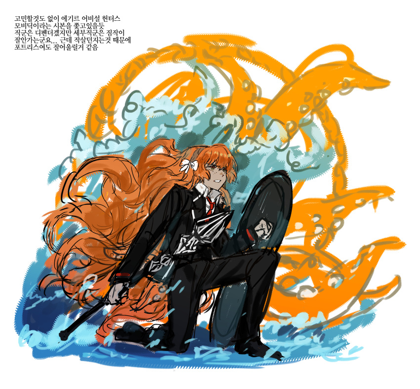 1girl black_pants black_suit blunt_bangs bow carol0905 clenched_teeth collared_shirt formal freckles green_eyes hair_bow highres holding holding_polearm holding_shield holding_weapon ishmael_(limbus_company) kneeling kraken limbus_company long_hair long_sleeves looking_ahead necktie on_one_knee open_mouth orange_hair pants polearm project_moon red_necktie shield shirt simple_background solo spear suit teeth translation_request very_long_hair weapon white_background white_bow white_shirt