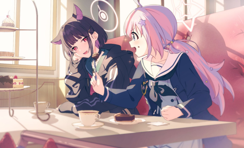 2girls animal_ears black_choker black_hair black_jacket blue_archive blue_hair blunt_bangs blurry cafe cake cake_slice cake_stand cat_ears cat_girl chocolate_cake choker colored_inner_hair commentary cup depth_of_field extra_ears food food_on_face fork green_sailor_collar grey_serafuku hair_behind_ear hair_ornament hairclip halo hand_on_own_face hand_on_table head_rest highres holding holding_fork hood hood_down hooded_jacket indoors jacket kazusa_(blue_archive) keita_(kta0) light long_hair long_sleeves looking_at_another low_twintails mechanical_halo multicolored_clothes multicolored_hair multicolored_jacket multiple_girls neckerchief pink_hair pink_neckerchief puffy_long_sleeves puffy_sleeves reisa_(blue_archive) sailor_collar saucer school_uniform serafuku short_hair sideways_glance sitting sleeves_past_wrists star_(symbol) star_hair_ornament strawberry_cake tea twintails violet_eyes white_sailor_collar