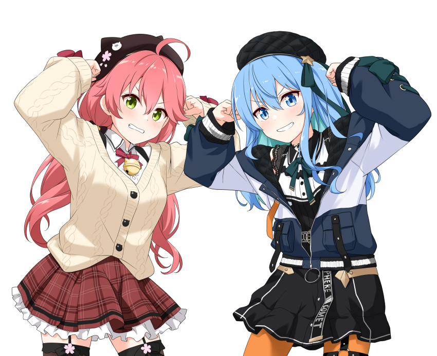 2girls absurdres ahoge aran_sweater bell beret black_skirt black_thighhighs blue_eyes blue_hair blush cable_knit collared_shirt cowboy_shot dot_nose felutiahime flower green_eyes green_ribbon grin hair_between_eyes hair_ribbon hands_up hat hat_flower high-waist_skirt highres hololive hood hood_down hooded_jacket hoshimachi_suisei jacket layered_clothes long_hair looking_at_viewer multicolored_clothes multicolored_jacket multiple_girls neck_bell neck_ribbon open_clothes open_jacket open_mouth orange_pantyhose pantyhose petticoat pink_hair pink_ribbon plaid plaid_skirt pleated_skirt ribbon sakura_miko shirt sidelocks simple_background skirt sleeve_cuffs sleeves_past_wrists smile star_(symbol) star_in_eye striped striped_jacket sweater symbol_in_eye teeth thigh-highs thigh_strap two-tone_jacket two-tone_shirt v-shaped_eyebrows variant_set virtual_youtuber white_background white_shirt yellow_sweater zettai_ryouiki