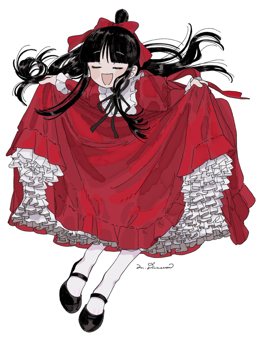 1girl ace_attorney black_hair blunt_bangs blush closed_eyes clothes_lift dress frilled_skirt frills hair_bun highres juliet_sleeves long_hair long_sleeves mary_janes maya_fey omen_hohoho open_mouth puffy_sleeves red_dress ribbon shoes signature skirt skirt_lift smile solo white_background