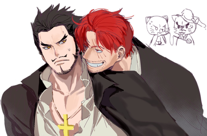 2boys beard chibi chibi_inset cross cross_necklace dracule_mihawk facial_hair fish_in_mouth forked_eyebrows furrification furry goatee_stubble grin head_on_another's_shoulder jewelry male_focus multiple_boys mustache mustache_stubble necklace one_piece pectoral_cleavage pectorals redhead scar scar_across_eye shanks_(one_piece) short_hair smile sweatdrop sweetdou3 teasing thick_eyebrows upper_body