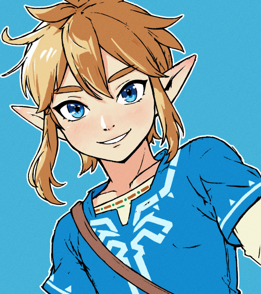 1boy absurdres beachepisode blonde_hair blue_background blue_eyes blue_tunic highres link looking_at_viewer medium_hair outline pointy_ears simple_background solo the_legend_of_zelda the_legend_of_zelda:_breath_of_the_wild upper_body white_outline