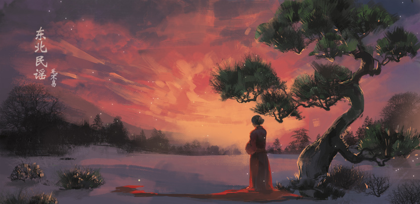 1girl black_hair bush chinese_commentary chinese_text christon-clivef commentary_request dress english_commentary from_behind long_dress mixed-language_commentary orange_sky original red_dress sky snow solo sunset translation_request tree