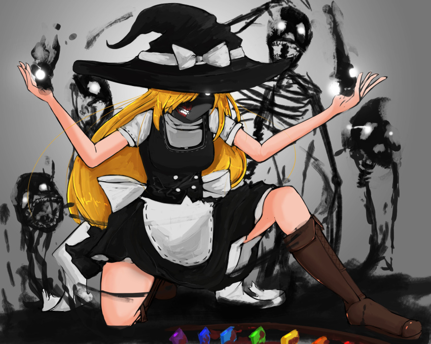 1girl ander_horlo apron black_headwear blonde_hair glowing glowing_eye hair_over_one_eye hat highres kirisame_marisa long_hair one_eye_covered short_sleeves skeleton solo touhou touhou_igyoukyo waist_apron witch_hat