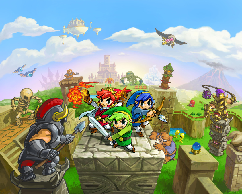 6+boys absurdres armor ball_and_chain_(weapon) belt blue_hair blue_headwear blue_sky blue_tunic bow_(weapon) brown_footwear clouds day fake_horns fireball green_hair green_headwear green_tunic helmet highres holding holding_polearm holding_sword holding_weapon horned_helmet horns link magic monster multiple_boys multiple_persona octorok official_art outdoors pointy_ears polearm red_headwear red_tunic redhead short_hair skeleton sky spear sword the_legend_of_zelda the_legend_of_zelda:_tri_force_heroes toon_link weapon