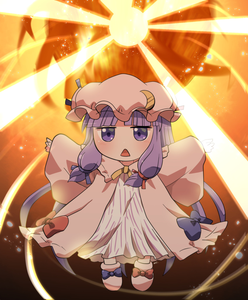 1girl blue_bow blush bow crescent crescent_hat_ornament dress embodiment_of_scarlet_devil full_body hair_bow hat hat_ornament highres long_hair long_sleeves mob_cap open_mouth patchouli_knowledge pink_dress pink_footwear pink_headwear purple_hair red_bow rokugou_daisuke shoes signature solo striped striped_dress touhou triangle_mouth vertical-striped_dress vertical_stripes violet_eyes white_dress wide_sleeves