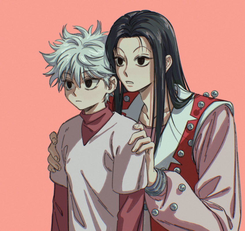 2boys black_eyes black_hair brothers commentary_request ctfsxxrt grey_hair hands_on_another's_shoulders highres hunter_x_hunter illumi_zoldyck killua_zoldyck long_hair male_focus multiple_boys short_hair siblings simple_background upper_body