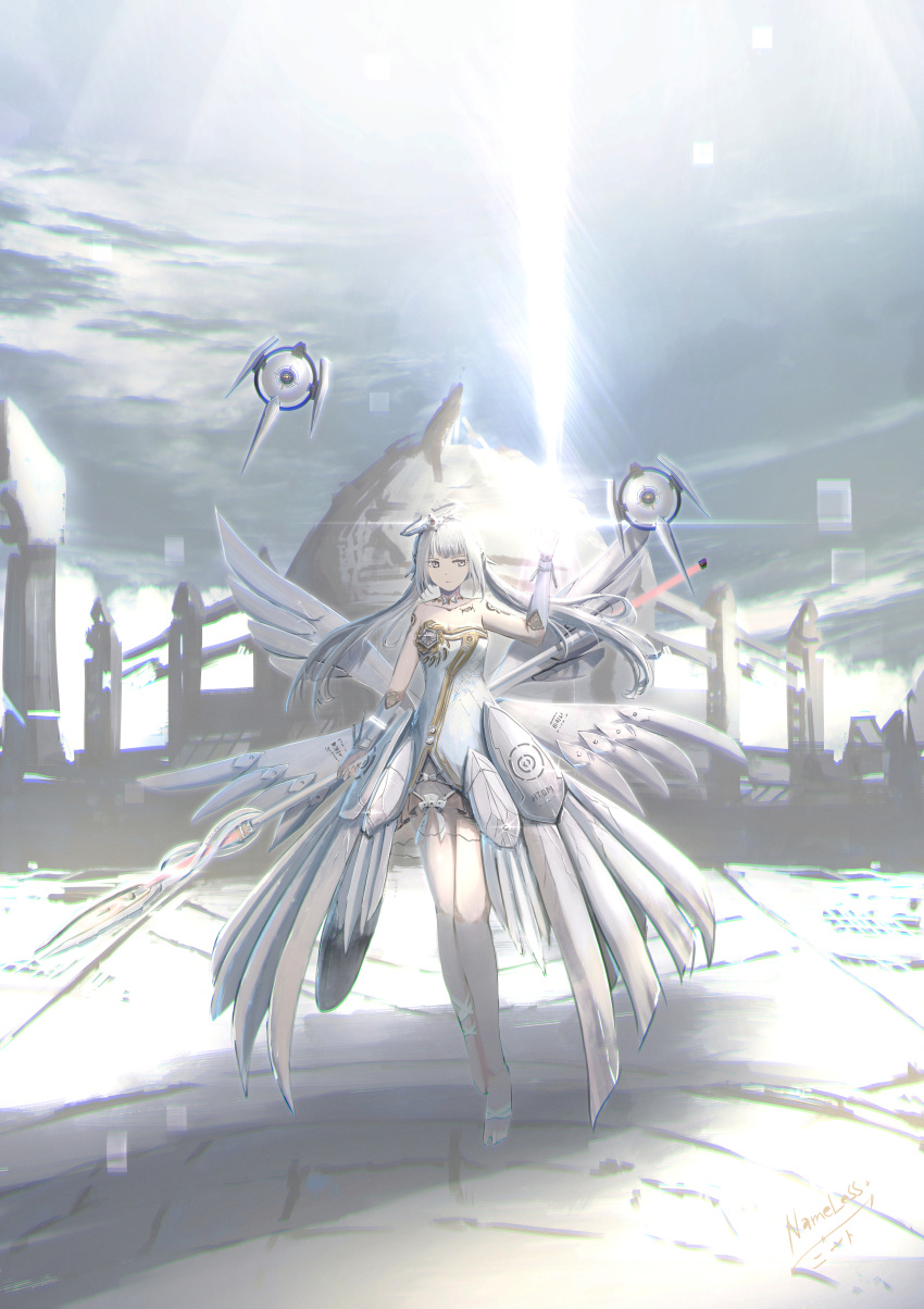absurdres angel_wings bare_shoulders cityscape dress grey_eyes halo highres holding holding_staff liv_(punishing:_gray_raven) long_hair mechanical_arms mechanical_halo mechanical_legs mechanical_wings multiple_wings nameless_neet non-humanoid_robot punishing:_gray_raven robot sidelocks staff tattoo white_dress white_hair wings