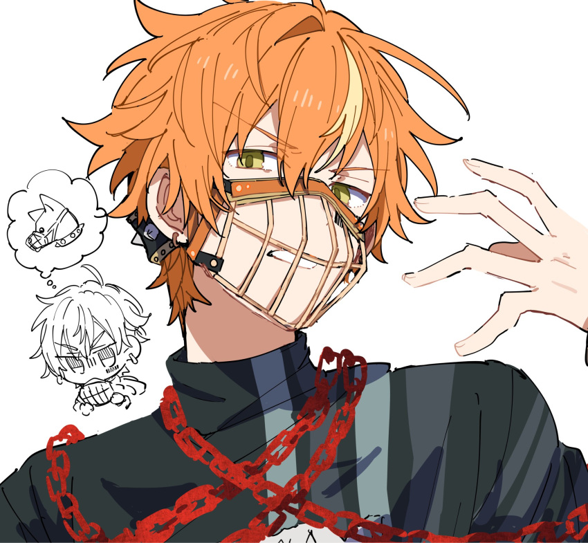 1boy barcode barcode_tattoo black_shirt blonde_hair chain clenched_teeth green_eyes hand_up highres hoshi-toge kick_it_up_a_notch_(project_sekai) looking_at_viewer multicolored_hair muzzle orange_hair project_sekai shinonome_akito shirt simple_background solo streaked_hair tattoo teeth turtleneck upper_body white_background