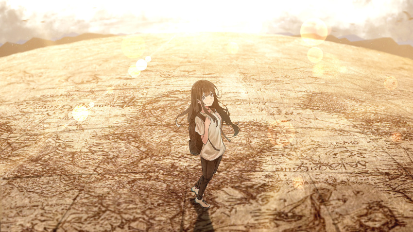 1girl absurdres backpack bag black_eyes black_hair black_pants blush closed_mouth clouds cloudy_sky commentary_request from_side globe hair_between_eyes hand_up highres landscape lens_flare long_hair looking_at_viewer morning mountainous_horizon oka_kojiro original pants scenery shirt shoes short_sleeves sidelocks sky smile sneakers solo standing_on_object sun sunrise t-shirt walking white_footwear white_shirt wide_shot