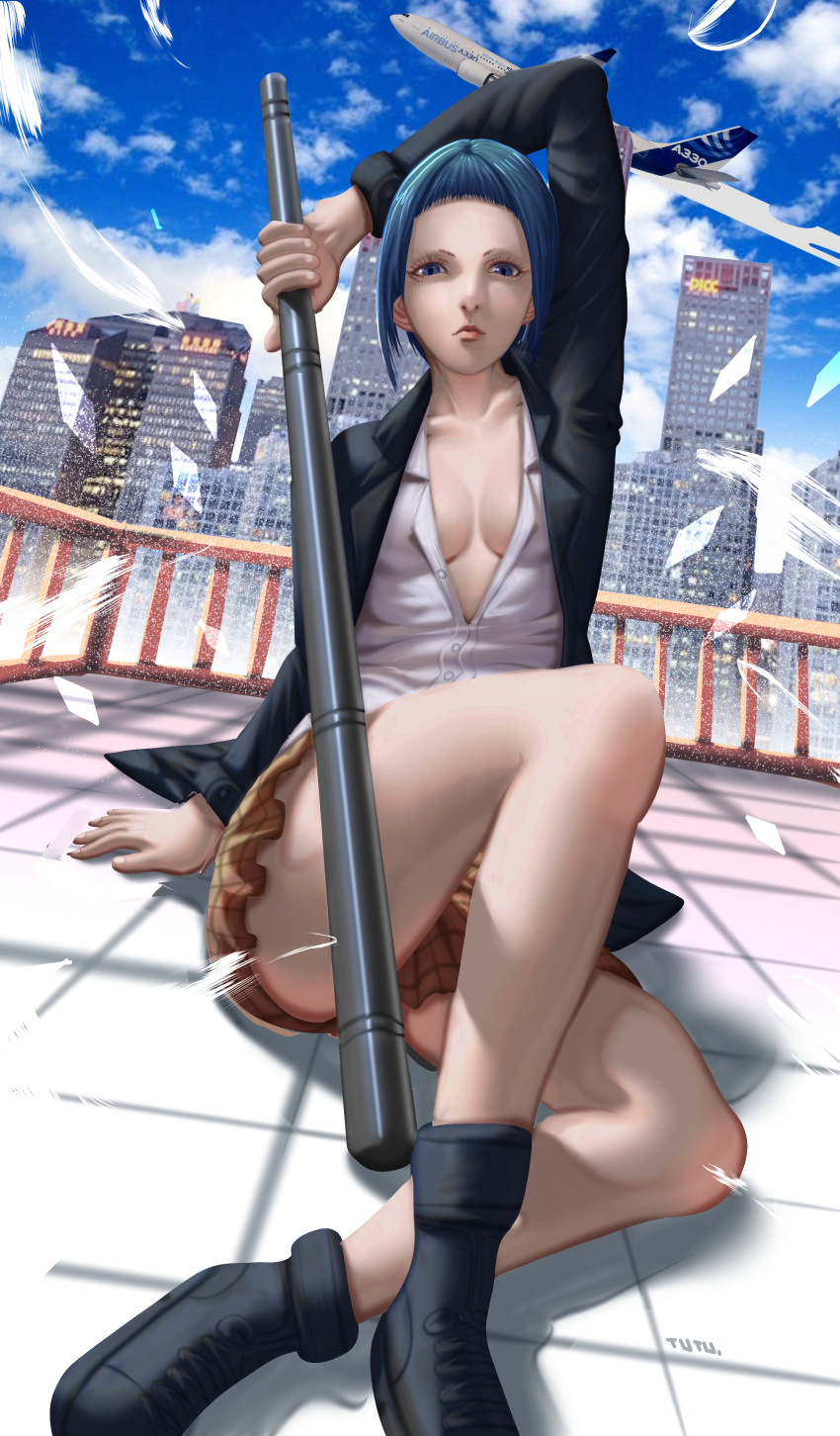 1girl absurdres aircraft airplane bettou_risa blue_eyes blue_hair closed_mouth highres holding holding_weapon looking_at_viewer on_floor prison_school rawjuetutu realistic school_uniform shinai short_hair signature sitting sky solo sword uniform weapon wood