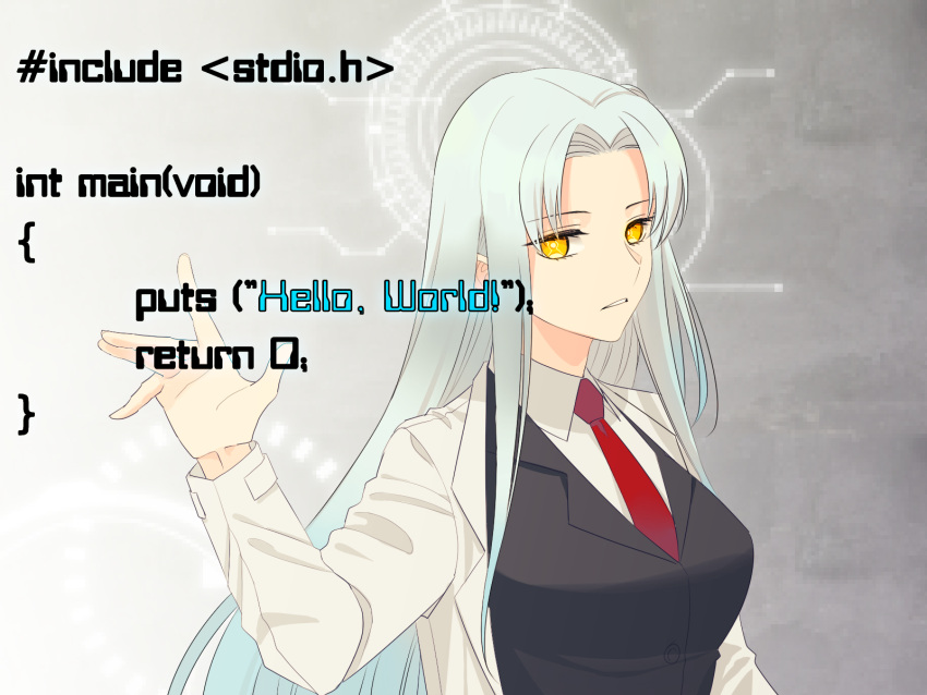1girl angela_(project_moon) black_vest blue_hair breasts bright_pupils c_(programming_language) collared_shirt commentary_request english_text highres ktsis lab_coat large_breasts light_blue_hair lobotomy_corporation long_hair long_sleeves necktie parted_bangs programming project_moon red_necktie shirt side_ponytail solo vest white_pupils white_shirt yellow_eyes