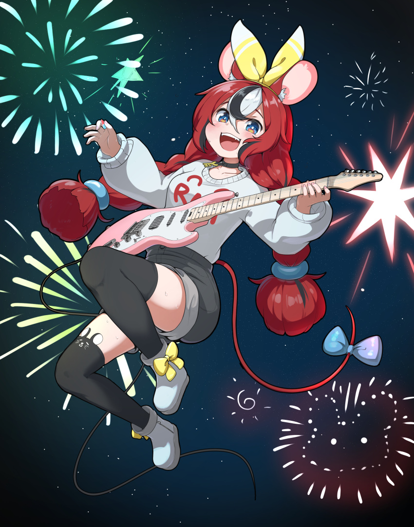 1girl absurdres animal_ears black_choker black_thighhighs blue_eyes bow braid choker electric_guitar fireworks grey_shorts guitar hakos_baelz highres holding holding_instrument holding_plectrum hololive hololive_english instrument key long_hair mouse_ears mouse_tail plectrum redhead shorts snowmya strawberry_baelz sweater tail tail_bow tail_ornament thigh-highs twin_braids virtual_youtuber white_sweater