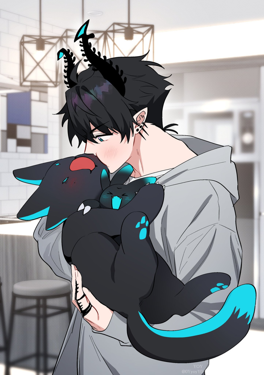 &gt;_&lt; 1boy :d biting black_hair black_horns blue_eyes blurry blurry_background blush cheek_biting claws closed_eyes commentary_request counter earrings fangs grey_hoodie hair_between_eyes hanging_light highres holding hood hood_down hoodie horns indoors jewelry korean_commentary long_sleeves looking_at_another male_focus multiple_earrings nijisanji nijisanji_en open_mouth pointy_ears profile ren_zotto ring short_hair sleeves_past_wrists smile stool tongue tongue_out v-shaped_eyebrows virtual_youtuber yoy_(0yyoyy0)