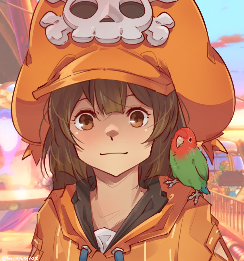 1girl animal_on_shoulder bird bird_on_shoulder brown_eyes brown_hair cabbie_hat guilty_gear guilty_gear_strive hat hat_ornament highres hood hoodie long_hair long_sleeves looking_at_viewer lovebird may_(guilty_gear) mil17459623 orange_headwear orange_hoodie skull_and_crossbones skull_hat_ornament smile