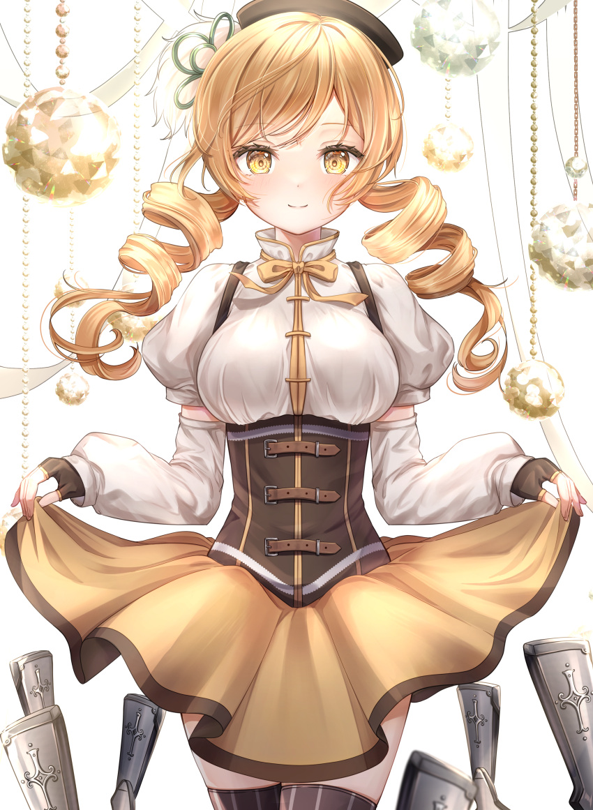 1girl absurdres belt beret blonde_hair breasts brown_corset brown_gloves brown_headwear brown_thighhighs closed_mouth corset cowboy_shot detached_sleeves drill_hair facing_viewer fingerless_gloves gloves gun hair_ornament hat high_collar highres light_blush long_sleeves magical_girl magical_musket mahou_shoujo_madoka_magica medium_breasts multiple_tails neck_ribbon puffy_short_sleeves puffy_sleeves ribbon shirt short_sleeves skirt_hold smile solo striped striped_thighhighs tail thigh-highs tomoe_mami twin_drills two_tails ukiukikiwi2525 weapon white_shirt yellow_eyes yellow_ribbon zettai_ryouiki