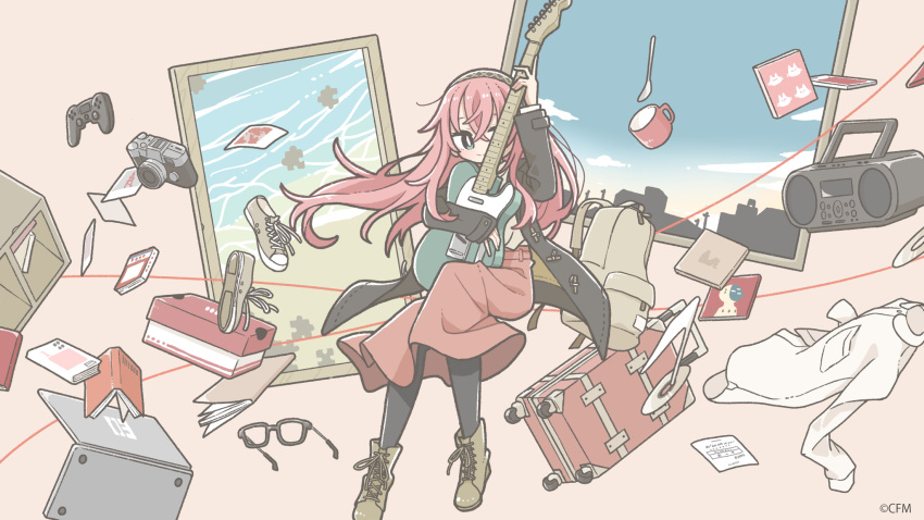 1girl black_coat black_pantyhose blush boombox boots brown_footwear cd cd_case closed_mouth coat controller east_sha2 game_controller green_eyes guitar highres holding holding_instrument instrument long_sleeves looking_at_viewer original pantyhose pink_hair red_skirt skirt smile solo suitcase