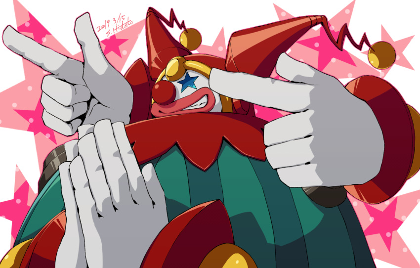 1boy clenched_teeth clown clown_nose clownman.exe disembodied_limb extra_arms male_focus mega_man_(series) mega_man_battle_network mega_man_battle_network_6 pointing shigeshiro_hideto smile solo starry_background teeth