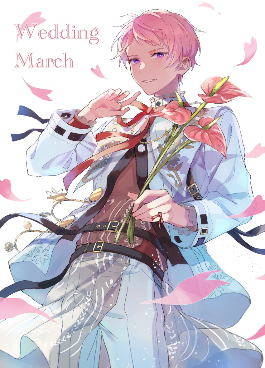 1boy belt black_belt bow bowtie commentary_request cowboy_shot english_text ensemble_stars! falling_petals floating_clothes flower flower_request formal heart-shaped_petals highres holding holding_flower itsuki_shu long_sleeves looking_at_viewer male_focus pants petals pink_hair pink_theme red_bow red_bowtie solo teeth violet_eyes wednesday_108 white_background white_pants wind