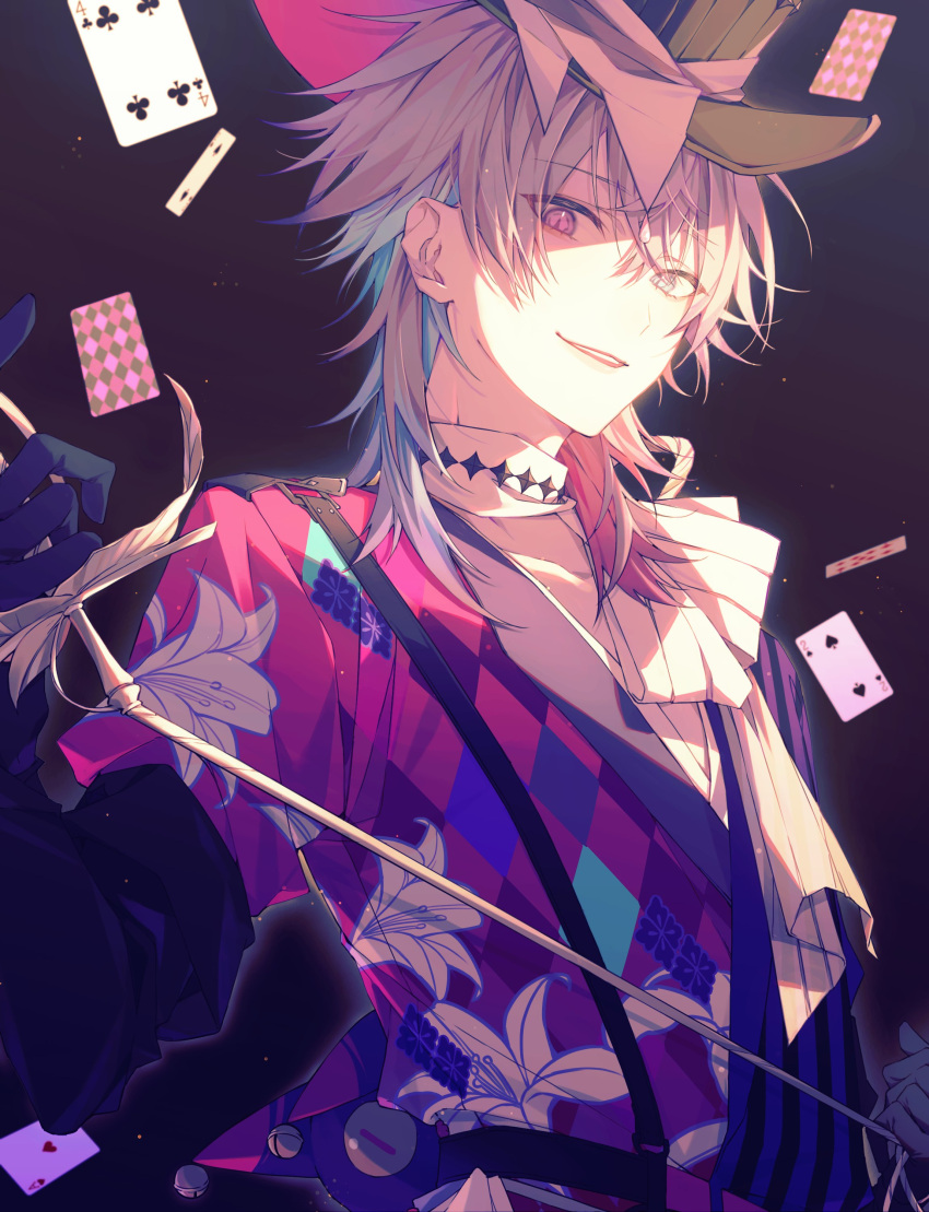 1boy absurdres black_gloves blue_eyes blue_hair card cheese_oho commentary floral_print gavis_bettel gloves gradient_hair grey_hair hat heterochromia highres holding holostars holostars_english long_hair looking_at_viewer male_focus multicolored_hair pink_eyes pink_hair playing_card solo top_hat upper_body virtual_youtuber