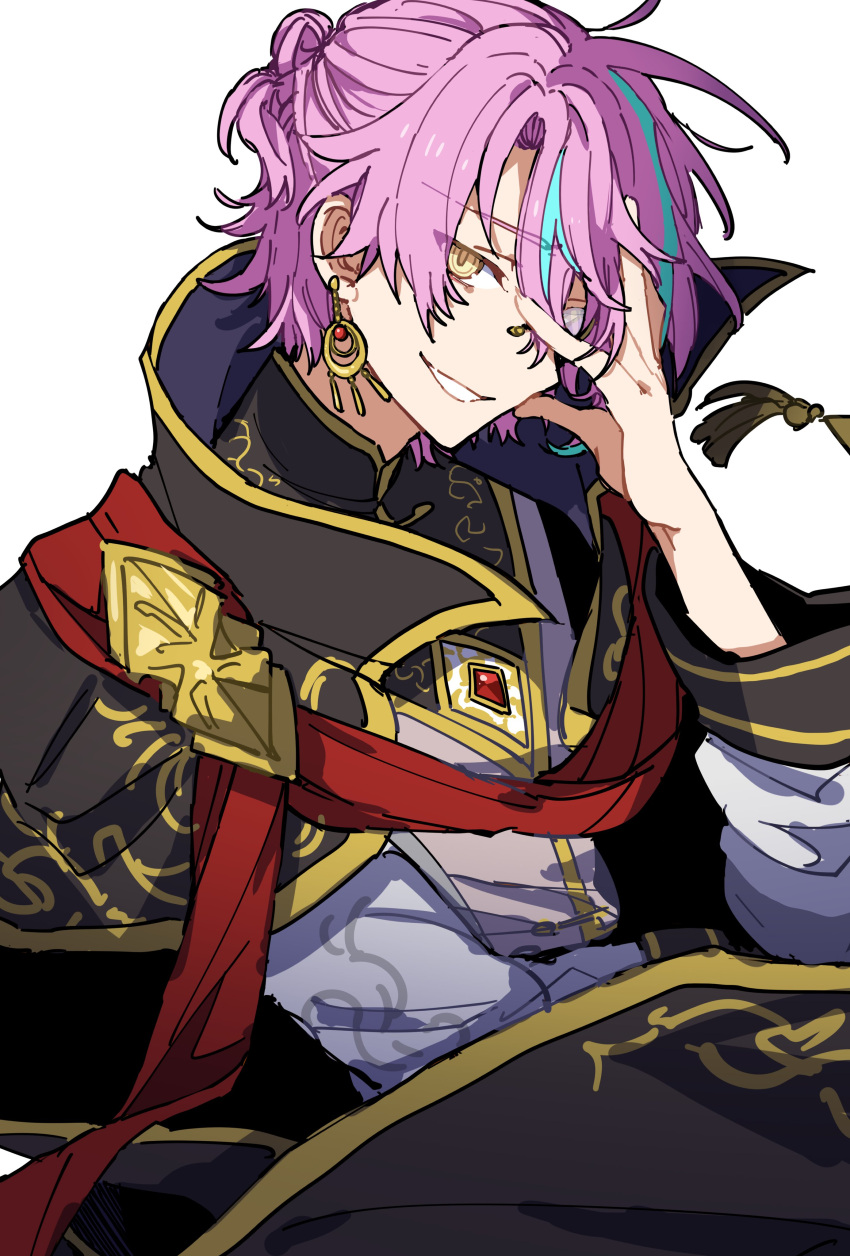 1boy absurdres black_cape blue_hair cape earrings grin hand_on_own_face highres hoshi-toge jewelry kamishiro_rui long_sleeves male_focus multicolored_hair never_give_up_cooking!_(project_sekai) project_sekai purple_hair shirt simple_background smile solo streaked_hair tassel upper_body white_background white_shirt yellow_eyes