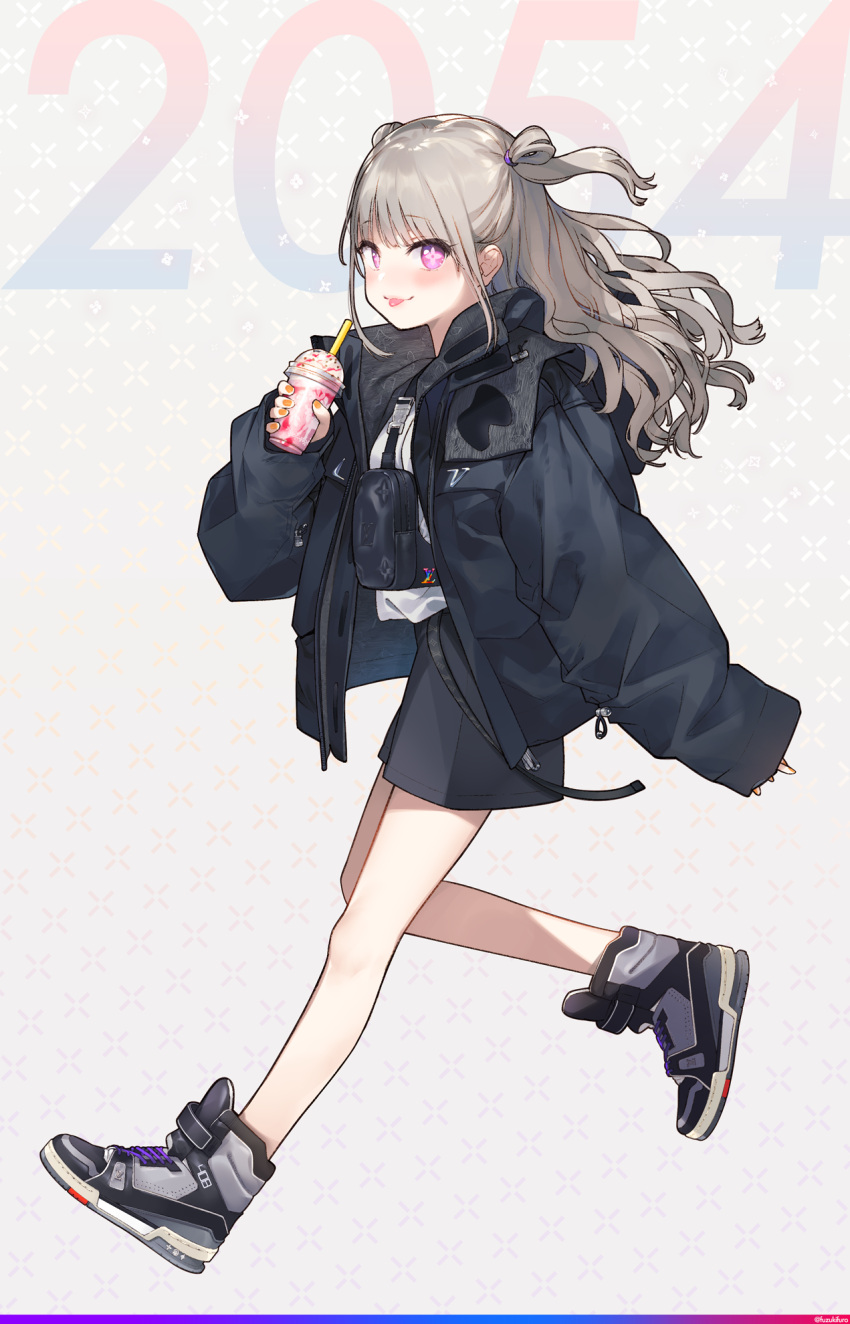 +_+ 1girl :p black_jacket black_skirt blush commentary_request cup disposable_cup full_body fuzuki_fuuro grey_hair hair_tie highres holding holding_cup jacket long_hair looking_at_viewer louis_vuitton_(brand) milkshake open_clothes open_jacket orange_nails original pink_eyes shoes skirt smile sneakers solo tongue tongue_out two_side_up wavy_hair