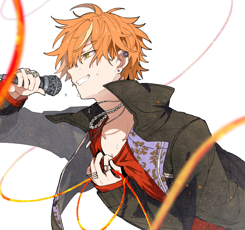 1boy absurdres black_jacket chain_necklace ear_piercing highres holding holding_microphone hoshi-toge jacket jewelry long_sleeves microphone multicolored_hair multiple_rings necklace orange_hair piercing project_sekai red_shirt ring shinonome_akito shirt simple_background solo streaked_hair sweat the_power_of_unity_(project_sekai) upper_body white_background yellow_eyes