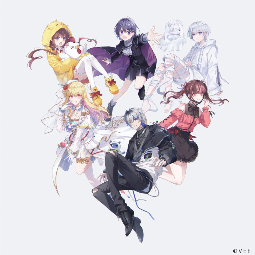 2boys 4girls audrey_mina bandages blonde_hair blue_eyes blue_hair blush commentary_request duplicate frills grey_hair highres hiyori_chihiyo hood hoodie jacket long_hair looking_at_viewer mask mew_garcia mokoppe multicolored_hair multiple_boys multiple_girls official_art open_clothes open_jacket oshiro_ito pixel-perfect_duplicate purple_hair red_eyes redhead sazanami_toa shindouji_ako simple_background twintails two-tone_hair vee_(vtuber) virtual_youtuber white_background