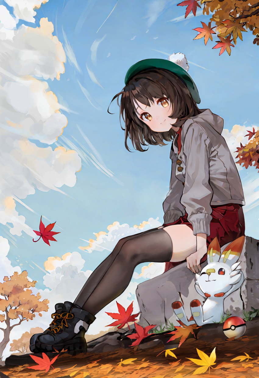1girl autumn_leaves black_footwear black_thighhighs blue_sky bob_cut brown_hair cable_knit cardigan closed_mouth clouds commentary_request dress falling_leaves gloria_(pokemon) green_headwear grey_cardigan hat highres hood hood_down hooded_cardigan leaf looking_at_viewer outdoors poke_ball pokemon pokemon_(creature) pokemon_(game) pokemon_swsh red_dress scorbunny short_dress short_hair sitting sitting_on_rock sky smile tam_o'_shanter thigh-highs tree yeong