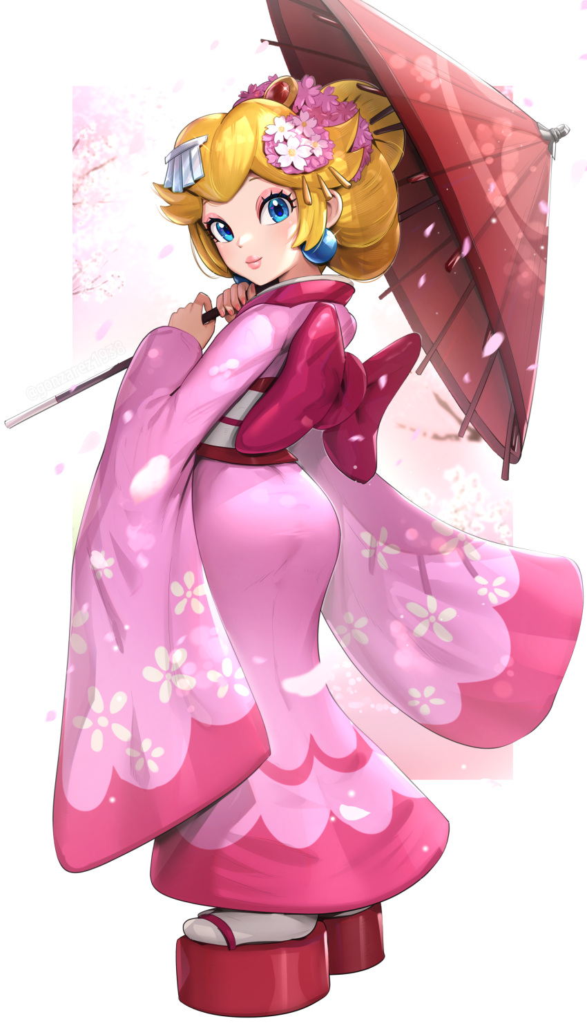1girl absurdres ass blonde_hair blue_eyes bow carrying_over_shoulder cherry_blossoms closed_mouth earrings eyelashes eyeshadow floral_print flower from_behind full_body glint gonzarez hair_flower hair_ornament hair_stick highres holding holding_umbrella japanese_clothes jewelry kanzashi kimono lips long_sleeves looking_at_viewer makeup nail_polish nihongami obi official_alternate_costume official_alternate_hairstyle oil-paper_umbrella okobo petals pink_background pink_eyeshadow pink_flower pink_kimono pink_lips pink_nails platform_footwear princess_peach princess_peach_(kimono) print_kimono sandals sash short_hair smile socks solo standing super_mario_bros. tabi thick_lips tsumami_kanzashi umbrella white_background white_sash white_socks wide_sleeves