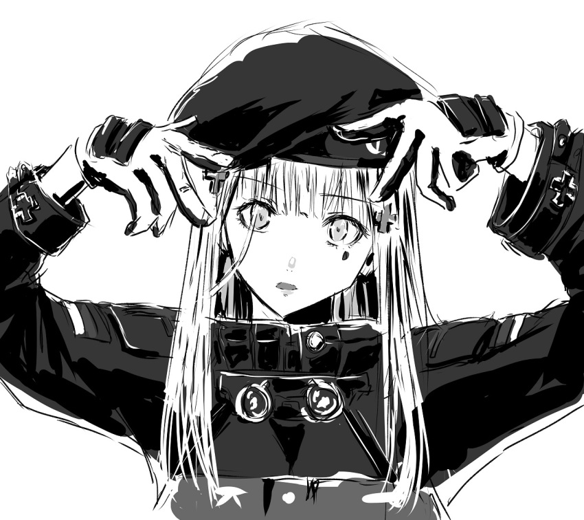 1girl chika_(keiin) commentary_request cross_hair_ornament double_w girls_frontline gloves greyscale hair_ornament hk416_(girls'_frontline) long_hair long_sleeves monochrome oshi_no_ko parted_lips sidelocks simple_background solo teardrop_facial_mark teardrop_tattoo w white_background