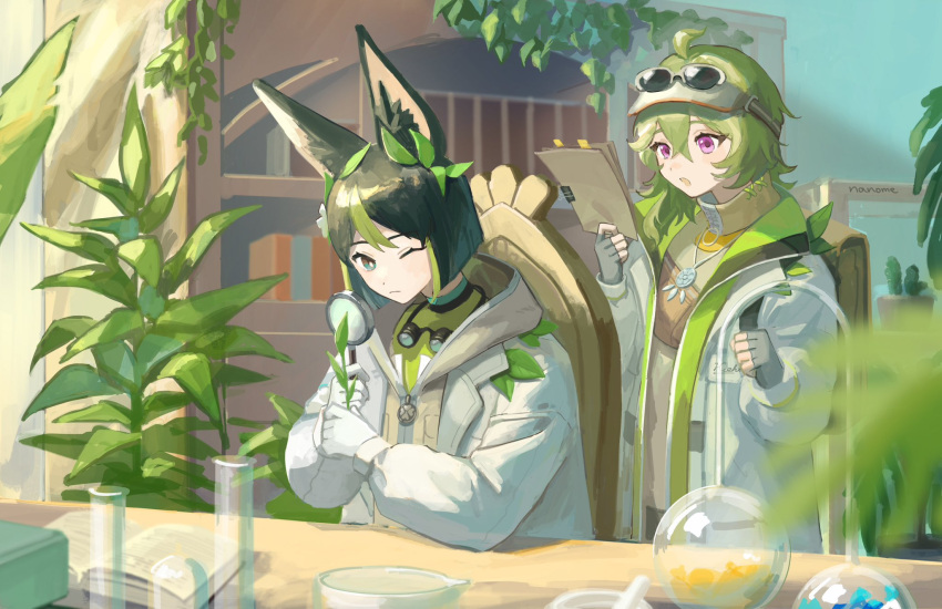 1boy animal_ear_fluff animal_ears blunt_ends bob_cut collei_(genshin_impact) collei_(kiehls')_(genshin_impact) eyewear_on_head fox_boy fox_ears genshin_impact gn_nanome goggles goggles_around_neck green_theme grey_jacket hair_ornament highres holding holding_magnifying_glass jacket kiehl's leaf leaf_hair_ornament light_green_hair looking_at_viewer magnifying_glass scientist short_hair tighnari_(genshin_impact) tighnari_(kiehls')_(genshin_impact)