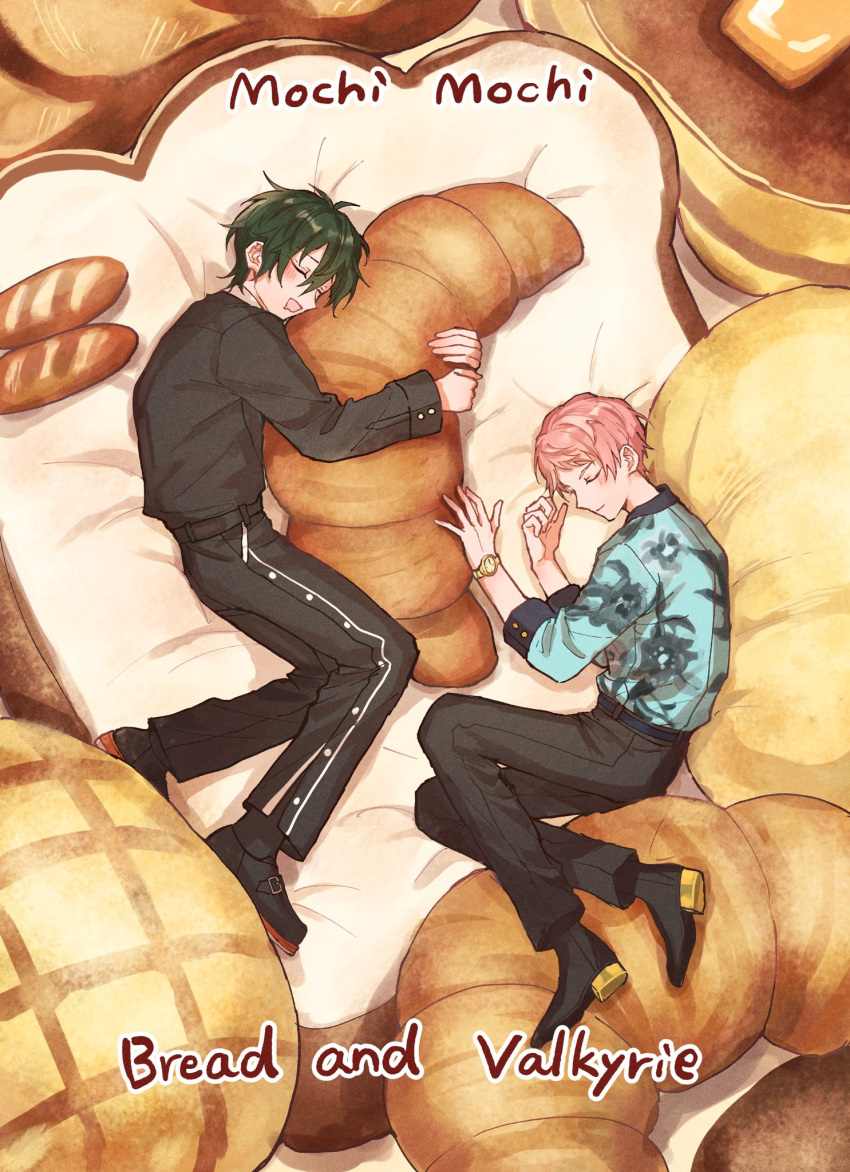 2boys baguette belt black_belt black_pants blush bread closed_eyes closed_mouth commentary_request croissant ensemble_stars! floral_print food full_body green_hair highres itsuki_shu kagehira_mika long_sleeves lying male_focus multiple_boys open_mouth pants pink_hair short_hair valkyrie_(ensemble_stars!) watch watch wednesday_108