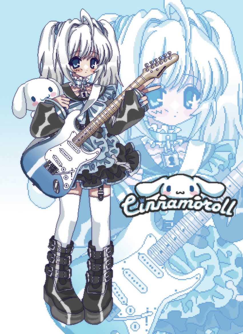 1boy 1girl ahoge amnyuixx black_dress black_footwear black_sleeves blue_dress blue_eyes blue_nails blush boots character_name cinnamoroll closed_mouth creature_and_personification dress dual_persona full_body genderswap genderswap_(mtf) guitar highres holding holding_instrument instrument multicolored_clothes multicolored_dress personification sanrio thigh-highs twintails v white_hair white_thighhighs