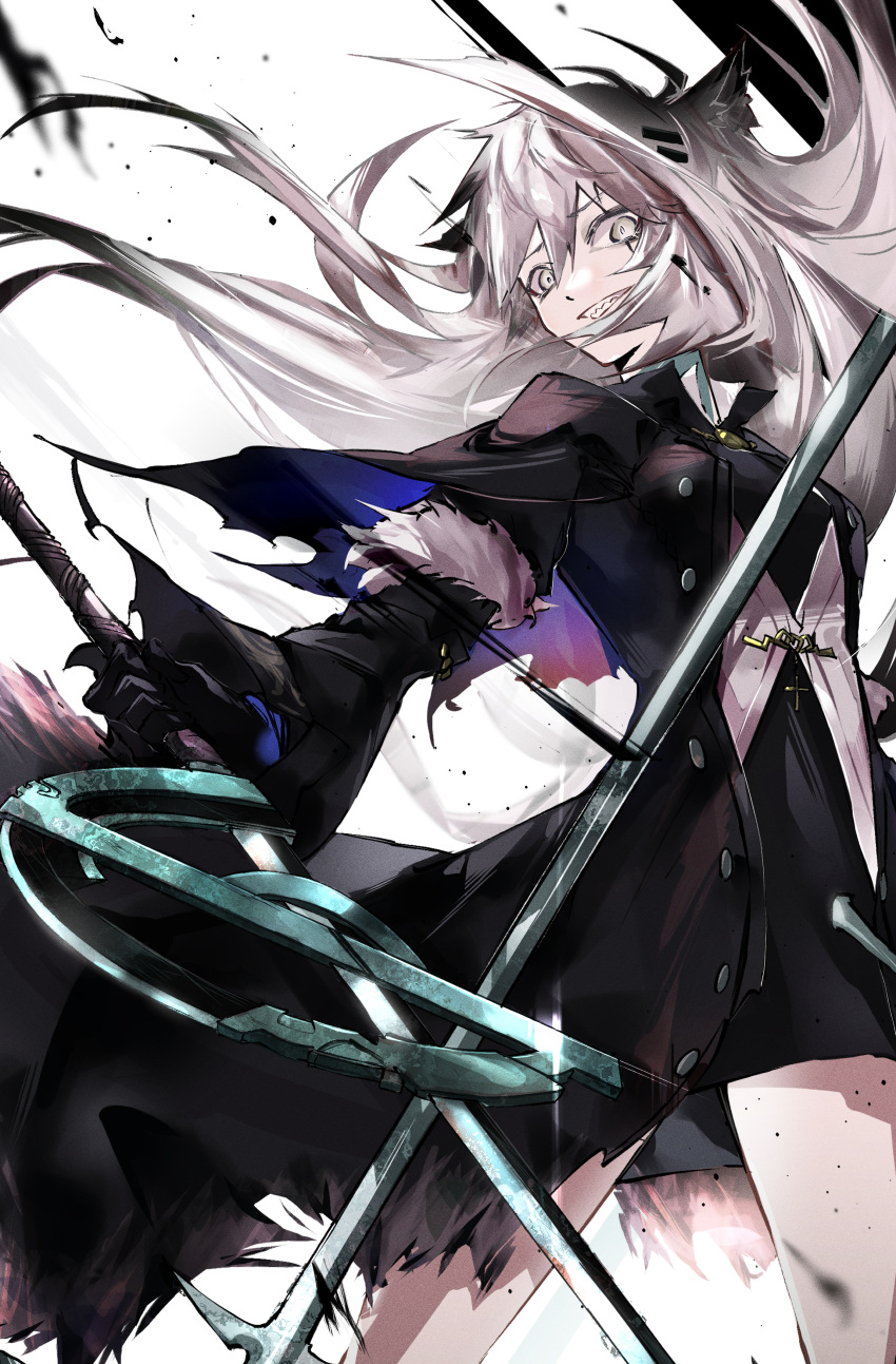 1girl absurdres animal_ear_fluff animal_ears arknights black_coat black_gloves black_hair capelet coat daichi dress dual_wielding gloves gradient_hair grey_eyes grey_hair hair_ornament hairclip highres holding holding_sword holding_weapon lappland_(arknights) lappland_(refined_horrormare)_(arknights) long_hair long_sleeves multicolored_hair official_alternate_costume scar scar_across_eye sharp_teeth smile solo sword teeth torn_capelet weapon wolf_ears wolf_girl