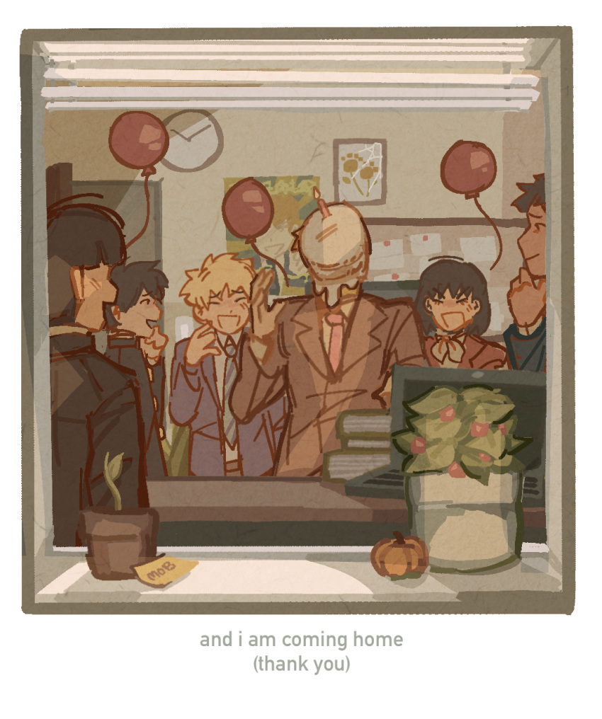 balloon birthday black_hair blinds blonde_hair cake clock closed_eyes closed_mouth commentary computer desk english_commentary english_text flower_pot food food_on_face formal from_outside gakuran hanazawa_teruki highres in_the_face indoors kageyama_ritsu kageyama_shigeo kurata_tome laptop long_sleeves looking_at_another mob_psycho_100 mp100days necktie open_mouth pie_in_face plant potted_plant reigen_arataka school_uniform serizawa_katsuya short_hair smile standing suit thank_you window