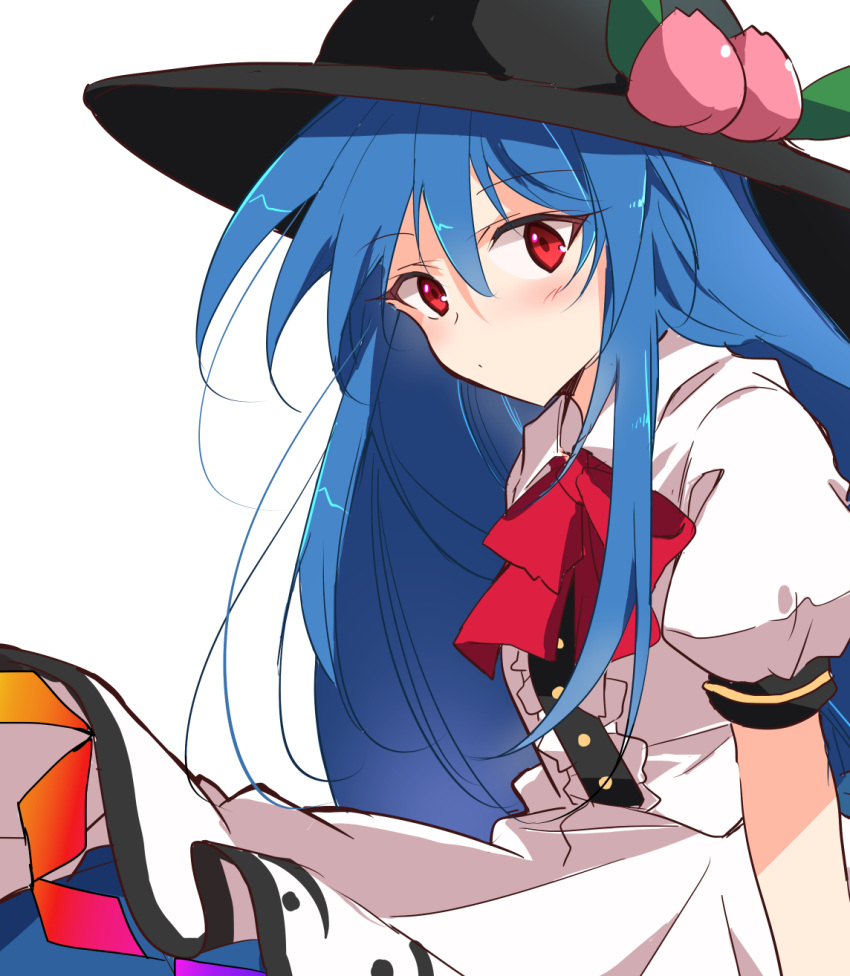 1girl black_headwear blue_hair bow bowtie center_frills closed_mouth commentary dress food frills fruit highres hinanawi_tenshi ichimura_kanata leaf long_hair looking_at_viewer peach red_bow red_bowtie red_eyes short_sleeves simple_background solo touhou white_background white_dress